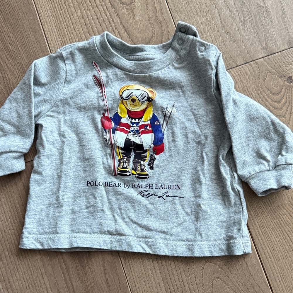 Ralph Lauren Gray Long Sleeve Kids Tee with Polo Bear